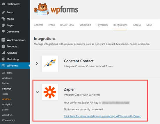 从 WPForms 获取 API 密钥以与 Zapier 一起使用