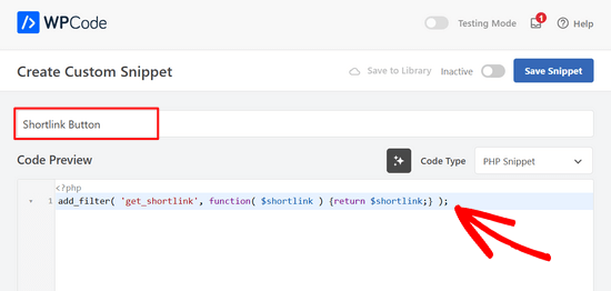 Paste short link button code into the WPCode plugin