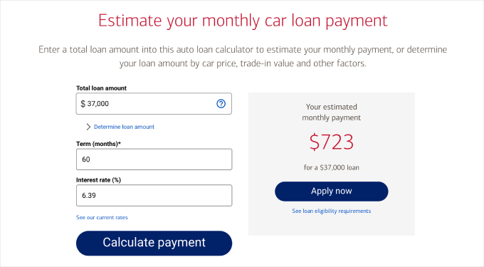 Car payment calculator example