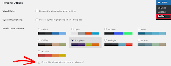 Check force admin color scheme checkbox