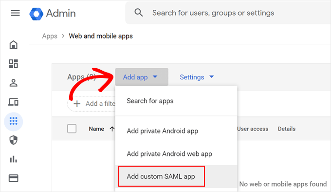 Adding a new custom SAML app in Google Admin Console