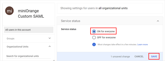 Turning on the custom SAML app in Google Admin Console