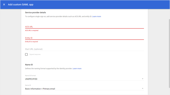 Inserting service provider details in Google Admin Console