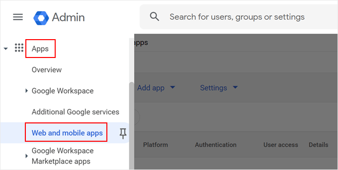 Choosing Web and mobile apps menu in Google Admin Console