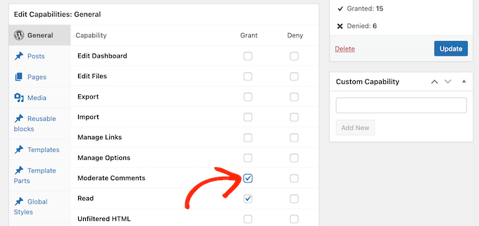 Giving moderate comment permissions to a user role in WordPress