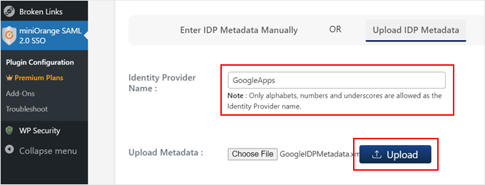 Setting up Google's IdP metadata in miniOrange