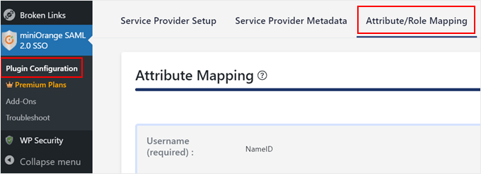 Opening the Attribute/Role Mapping tab in miniOrange