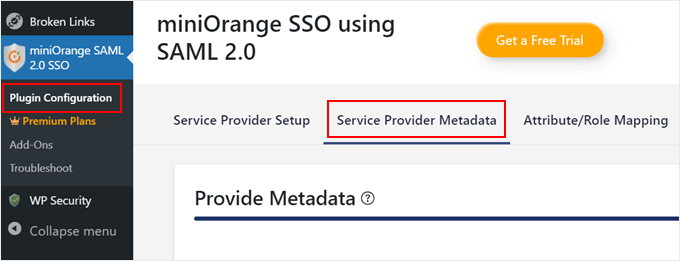 Opening the Service Provider Metadata tab in miniOrange