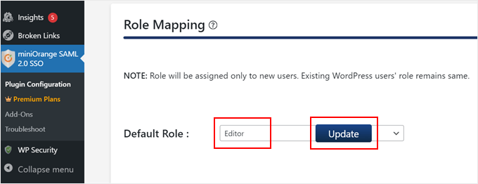 Choosing a default role for new users signing in using miniOrange SAML SSO