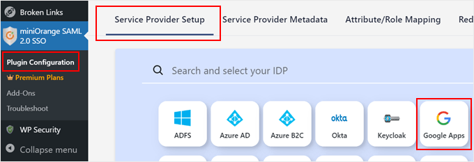 Choosing Google Apps IdP in miniOrange