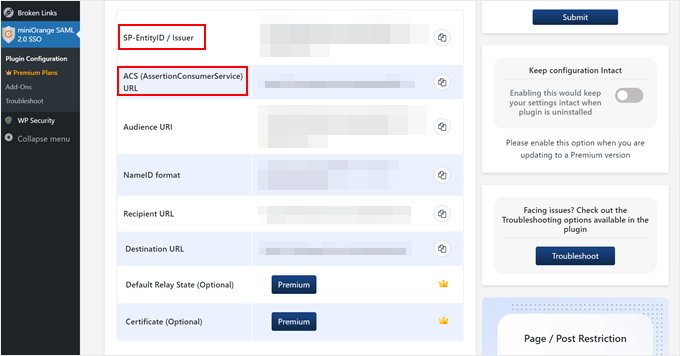 Copying miniOrange Service Provider Metadata