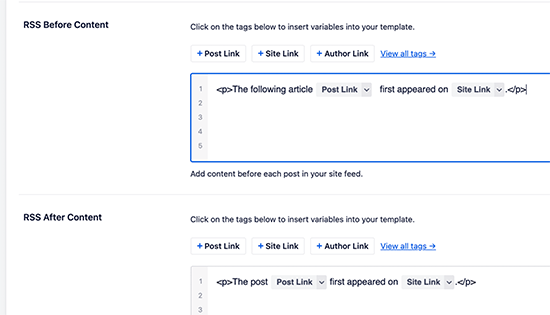 Adding before and after content for each post in your RSS feed