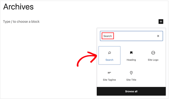 Adding a search block to a WordPress page or post