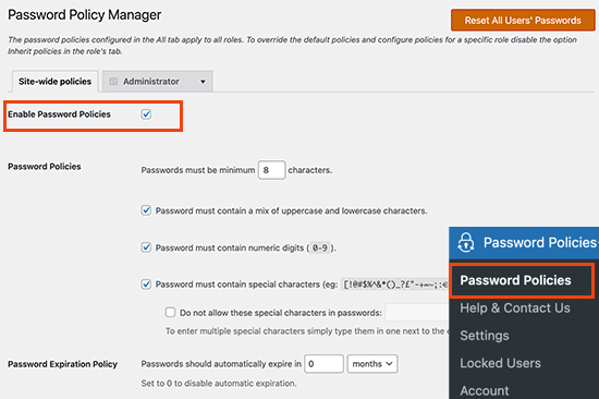 Configure a política de senha para todos os usuários