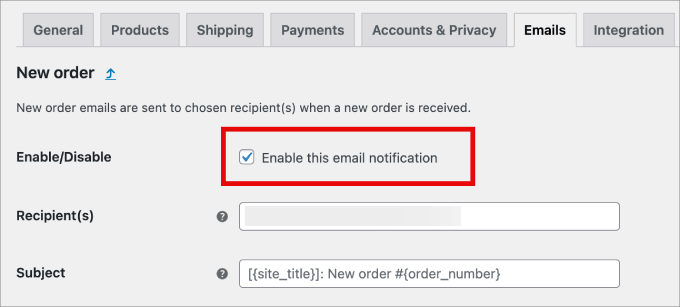 woocommerce enable email notification