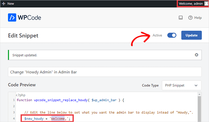 Activate the snippet to replace Howdy Admin