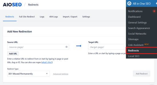 Set up redirects in AIOSEO