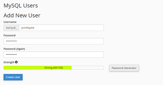 Bluehost cPanel add MySQL database username and password