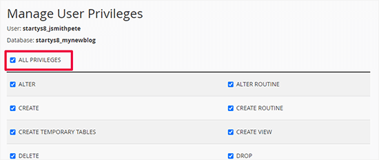 Bluehost cPanel MySQL database user privileges