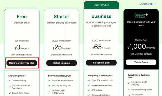 选择免费 Brevo 计划