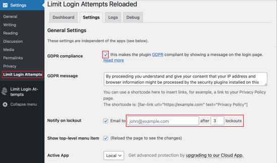 Limit Login Attempts Reloaded Settings