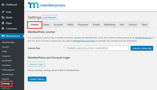 Enter MemberPress license