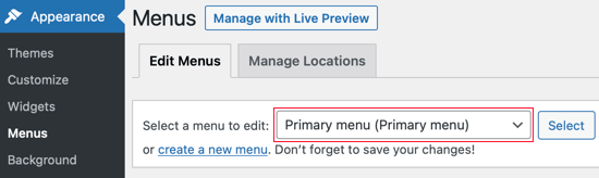 Make Sure the Primary Menu Is Selected