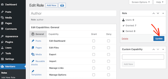 Adding or removing permissions in WordPress