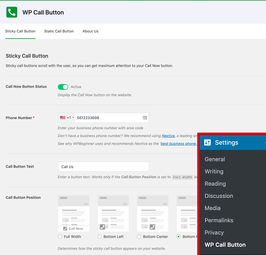 WP Call button settings