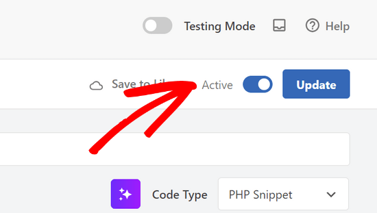 Switch the code snippet to Active and click Update in WPCode