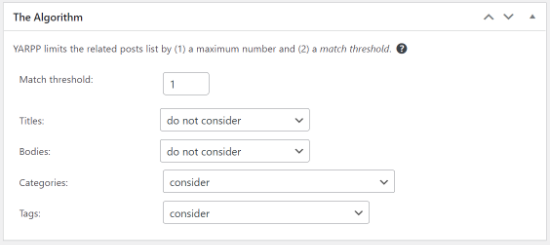 Algorithm settings in YARPP