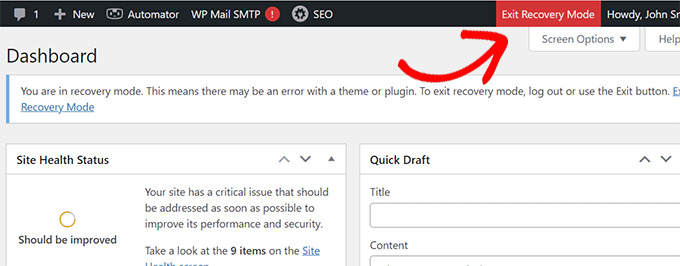 Exiting the recovery mode in WordPress