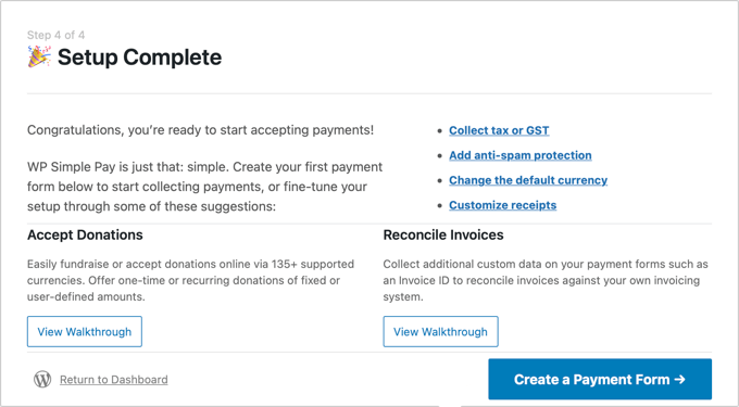 WP Simple Pay Setup Is Complete