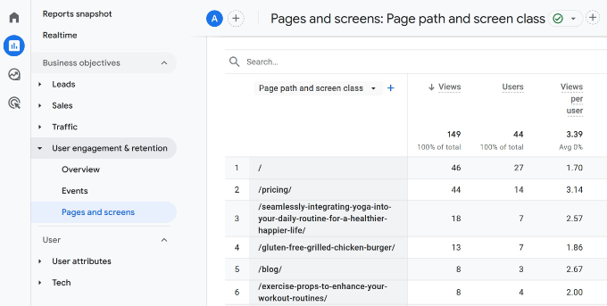 Pages and screen report