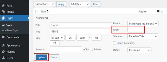 Changing the page order with quick edit in WordPress