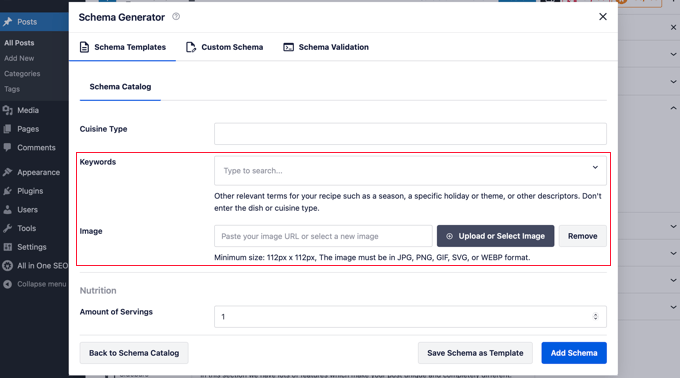 Add keywords and image in AIOSEO Schema Generator