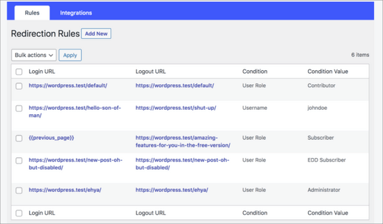 Redirect rules in the LoginWP plugin