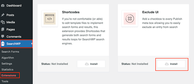 Installing SearchWP search extensions