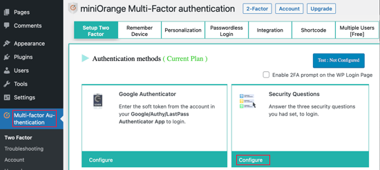 Click the Configure Button under the Security Questions Section