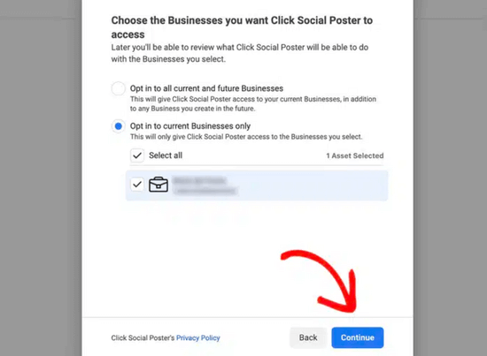 Select Facebook Business for ClickSocial