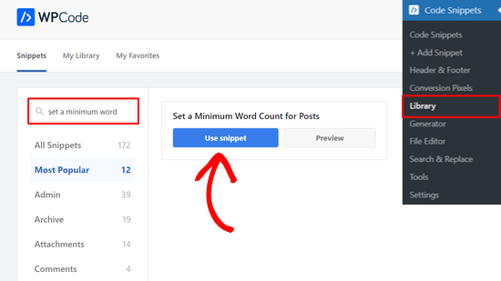 Select the 'Set a Minimum Word Count' option from the snippet library