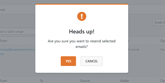 Choose Yes to resend multiple emails