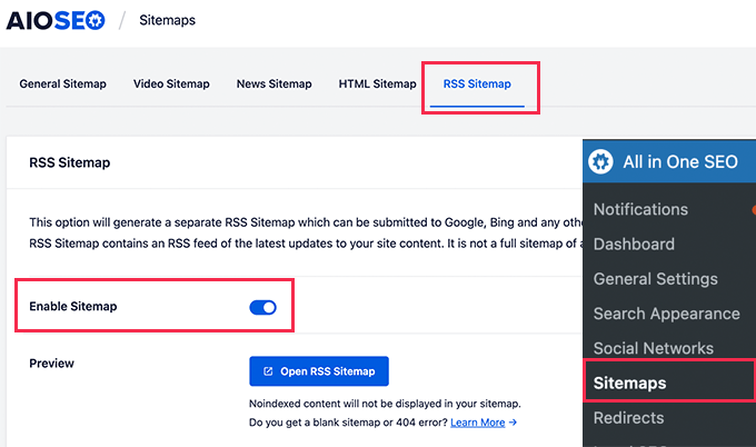 Abilita la mappa del sito RSS