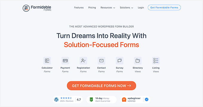 The Formidable Forms plugin's website