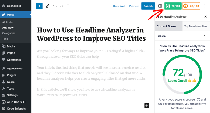 Click the SEO headline analyzer button