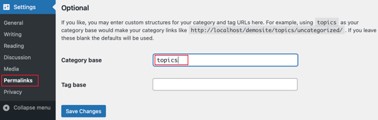 WordPress ti consente anche di modificare il prefisso della categoria negli URL delle categorie