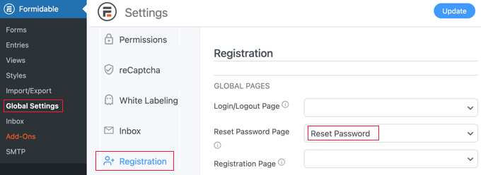 Pagina di registrazione delle impostazioni globali di Formidable Forms