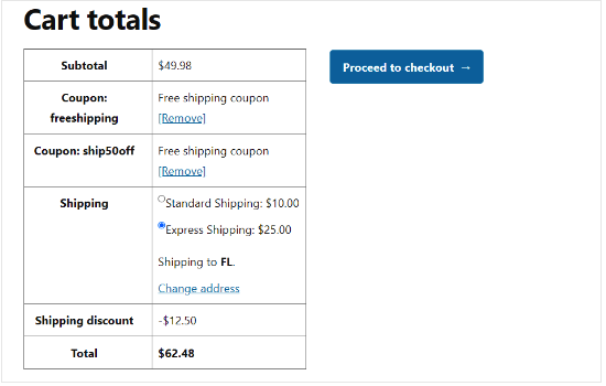 An example of a shipping discount, on a WooCommerce store