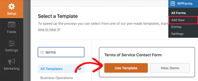 选择 WPForms 服务条款模板