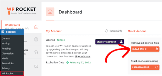 Clearing WPRocket cache